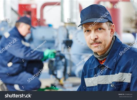 Portrait Service Engineer Worker Industrial Compressor Stock Photo