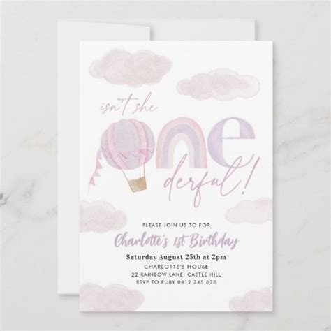 Onederful Hot Air Balloon Purple Girl 1st Birthday Invitation Zazzle