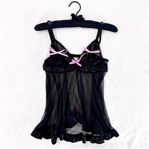 Victorias Secret S Black Pink Sheer Ruffled Babydoll Lingerie Top Flawless Glam Gyaru Piece