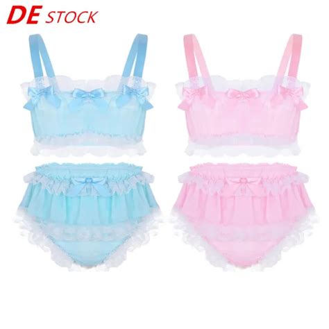 DE HERREN SPITZE Dessous Set Sissy BH Panties Höschen Gay Rüschen Nachtwäsche EUR 21 27