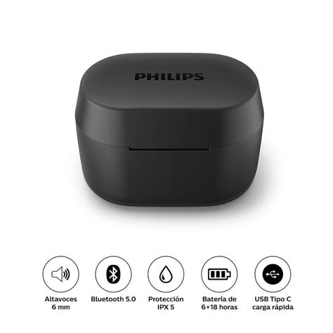 Aud Fonos Inal Mbrico Philips Tat Bk Deportivo Negro Tailoy Pe