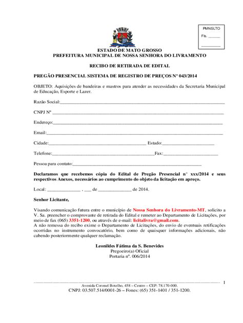 Fillable Online Prefeitura Municipal De Nossa Senhora Do Livramento Fax