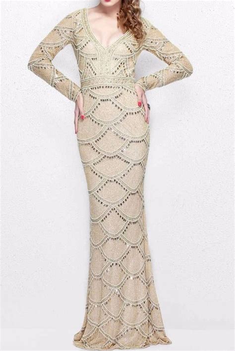 Privamera Long Sleeve Gold Scallop Beaded Evening Gown 1738 Poshare