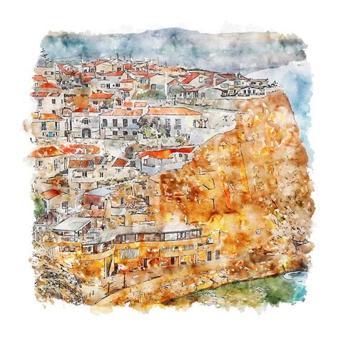 Azenhas Do Mar Lisboa Portugal Watercolor Sketch Hand Drawn