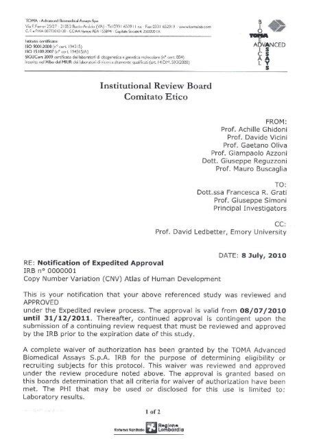 Irb Approval Letter Toma Advanced Biomedical