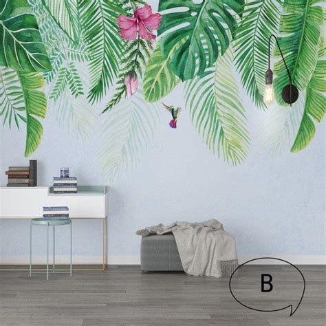 Tropical Green Leaves Wallpaper Wall Mural Watercolor Fresh Etsy