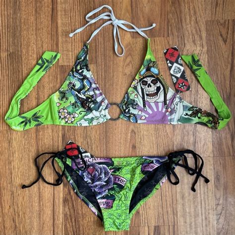 Ed Hardy Swim Ed Hardy Vintage Y K Rare Green Skull Dragon String Triangle Edgy Bikini Set