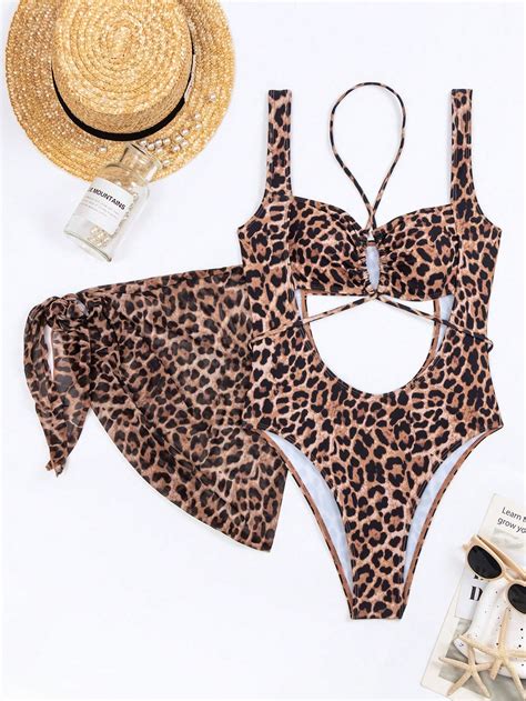 Shein Swim Vcay Leopard Print Hollow Out One Piece Swimsuit With