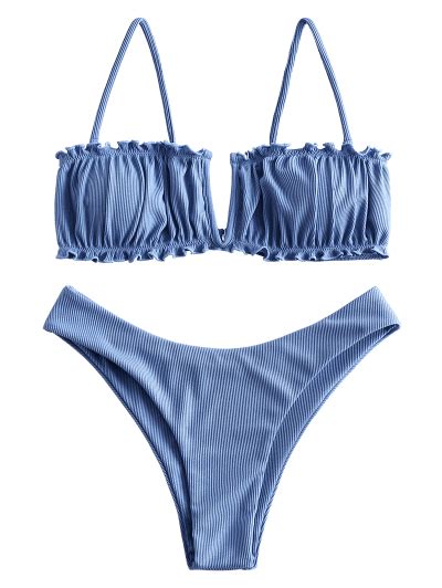 Off Zaful V Wired Ribbed High Leg Bikini Swimwear In Sky Blue Zaful