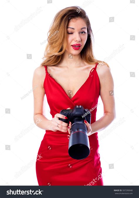 Happy Blonde Photographer Woman Sexy Red Stock Photo Shutterstock