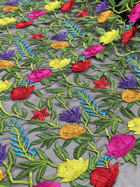 Iris Red Floral And Leaves Embroidery On Nude Mesh Lace Fabric Etsy Artofit