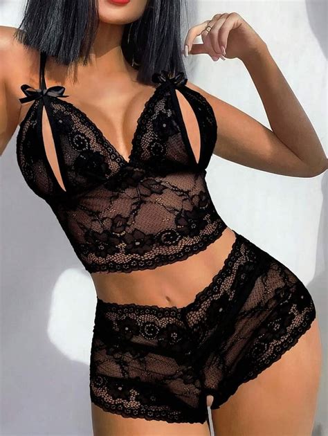 Classic Sexy Floral Lace Cut Out Lingerie Set