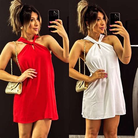 Tendencia Verao Vestido Femenino Gola Transpassada Curto No Tecido