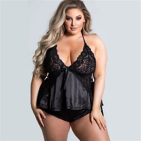 Fuyu Romantic Sexy Lace Women Split Lingerie Underwear Black Plus Size Deep V Neck Nightgown