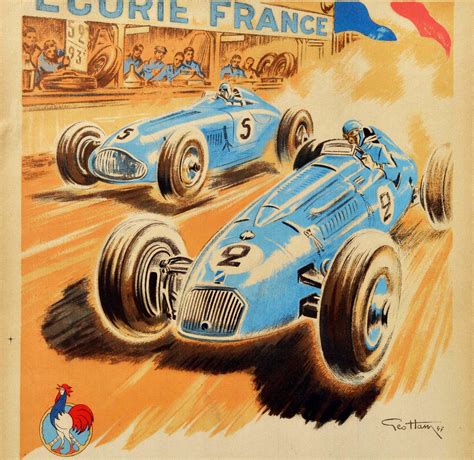 Original Vintage Car Racing Poster Ecurie France Talbot Delahaye