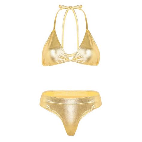 Iefiel Women S Shiny Metallic Piece Triangle Bikini Set Halter Bra G String Lingerie Set Gold