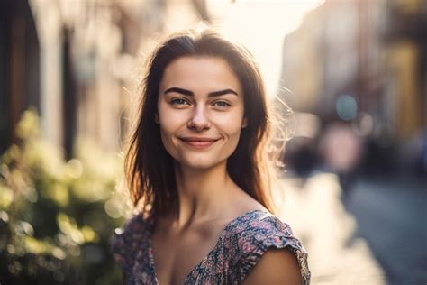 Premium AI Image A Woman Smiles In A Street With The Sun Shining On