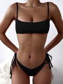 SHEIN X Rosalinda Cannavò SHEIN Swim Basics Conjunto de bikini acanalado Tirante ajustable Top