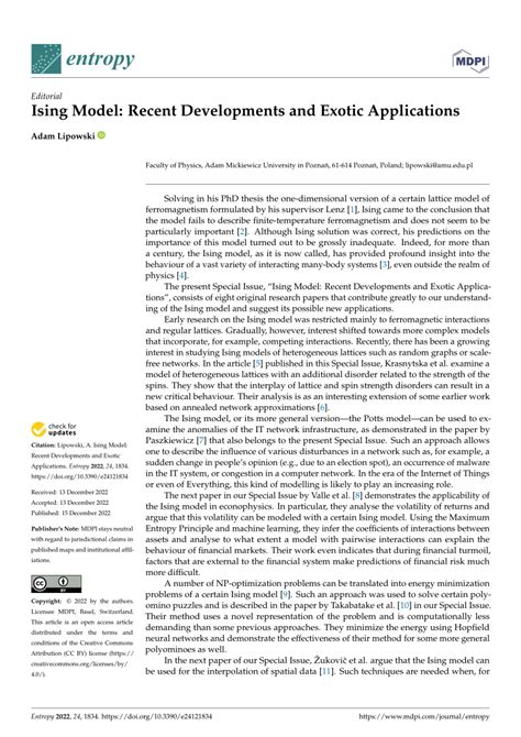 Pdf Ising Model Recent Developments And Exotic Applications