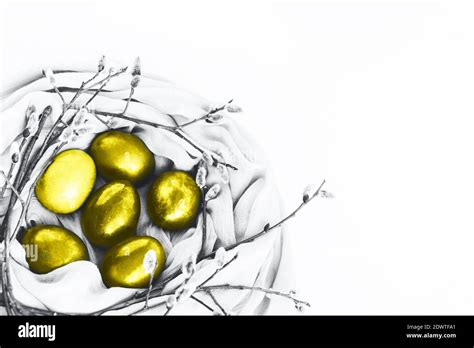 Nest Of Fabric With Easter Eggs Decorated With Pussy Willow In Trendy Yellow And Grey Colors On
