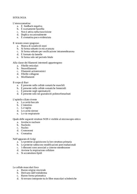 Esercizi per esame Istologia - Docsity
