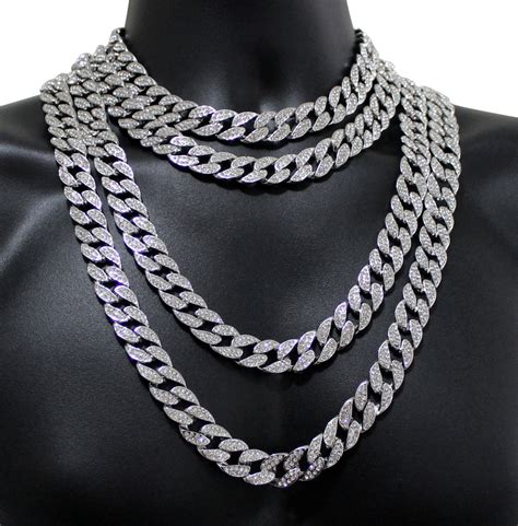 14k White Gold Plated Miami Cuban Link Iced Chain 16"-36" Choker Neckl ...