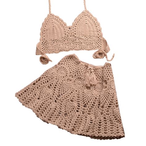 TIERPOP Crochet Bikini Sets Solid Color Knitted Off Shoulder Top Bottom