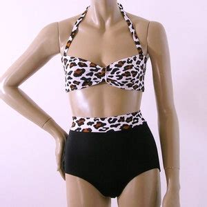 High Waisted Bikini Bottom And Retro Bandeau Bikini Top In Black And White Leopard S M L Xl Etsy