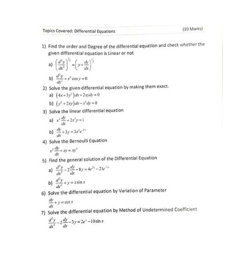 Topics Covered Differential Equations 10 Marks 1 Find The Order And Degree Of The