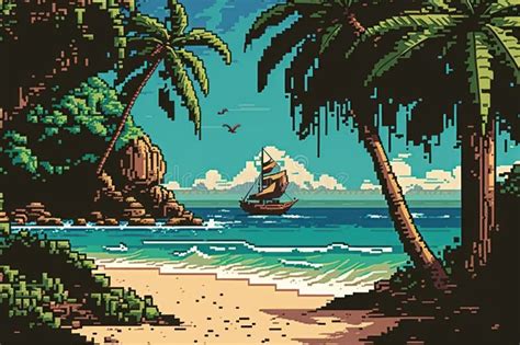 Pixel Art Of Tropical Beach Background Summer Vacation And Holiday