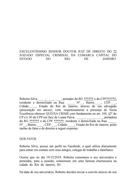 PEÇA Estágio PEÇA PROCESSUAL QUEIXA CRIME EXCELENTÍSSIMO SENHOR