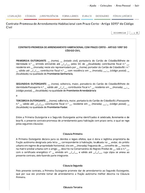 Contrato Promessa De Arrendamento Habitacional Com Prazo Certo Artigo 1095º Do Código Civil Pdf