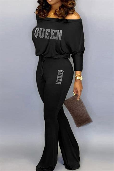 Wholesale Black Casual Solid Patchwork Hot Drill Off The Shoulder Straight Jumpsuits K Online