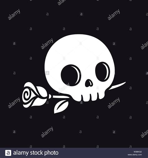Cartoon Skull Drawing With Rose On Black Background Romantic And