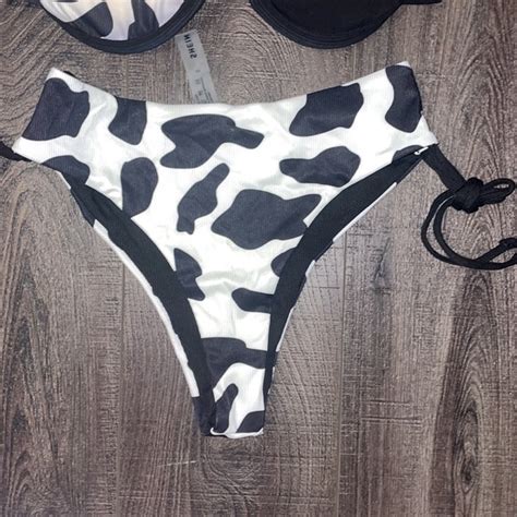 SHEIN Swim Cow Print High Waisted Bikini With Ties And Bra Like Top Black White Poshmark