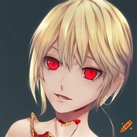 Anime Character With Blonde Hair And Red Eyes Smiling On Craiyon