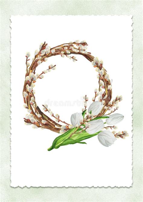 Ready Made Postcard With Pussy Willow Wreath And Floral Bouquet With White Tulips Spring