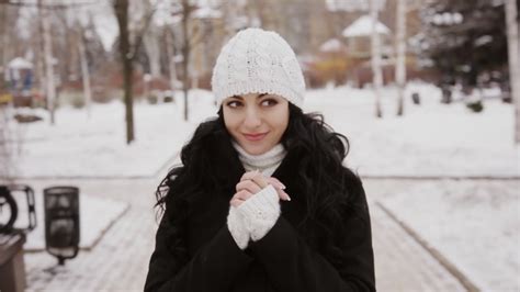 Beautiful Brunette Girl In Winter Park With Snow Stock Footage VideoHive
