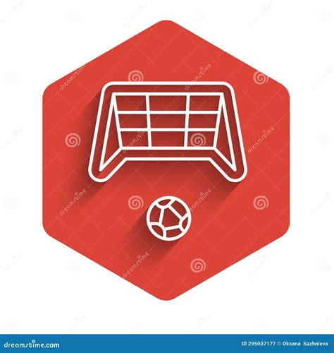 White Line Soccer Goal With Ball Icon Isolated With Long Shadow Red