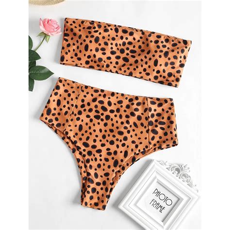 Zaful Leopard Print High Cut Bikini High Waist Bandeau Bikini Swimwear Women Swimsuit Bathing