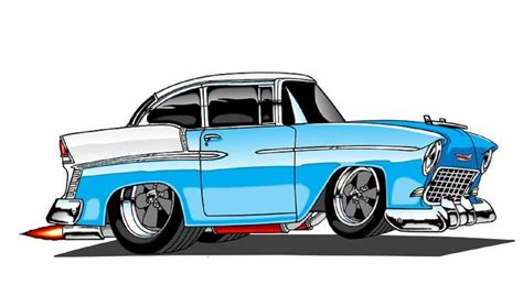 Cartoon Style Drawing Of A Classic Blue And White Car