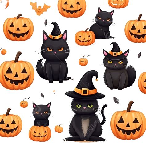 Cute Cartoon Magical Halloween Seamless Pattern Black Cat Pumpkin