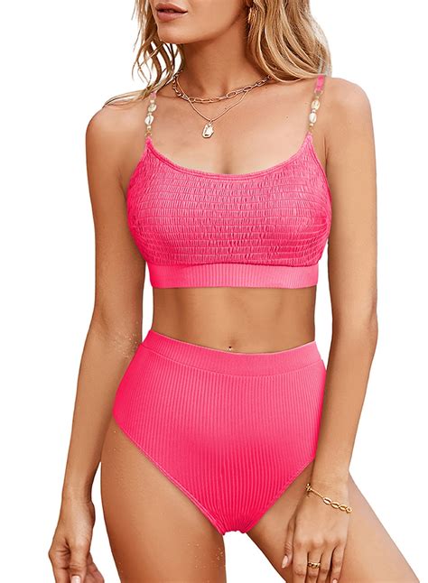 Eytino Womens Bikini Swimsuits Shirred Solid Color High Waisted Bathing Suits For Women Two