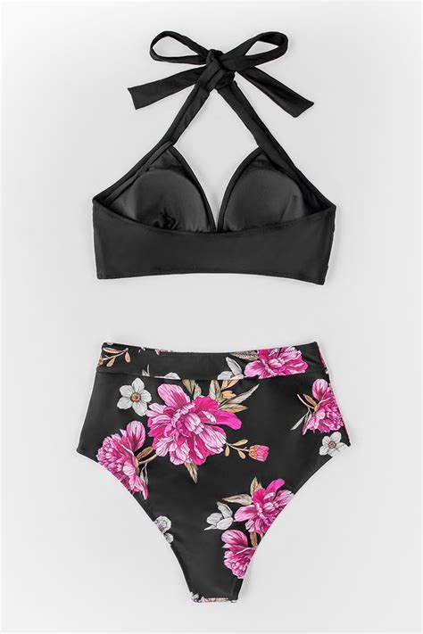 Black Floral Halter High Waisted Bikini