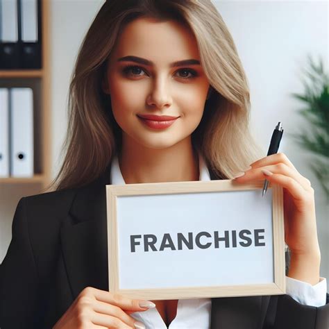 businesswoman confidently holds   sign reading franchise premium