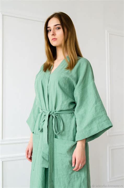 Халат из умягченного 100% льна с эффектом мятости. Энзимная стирка на ...