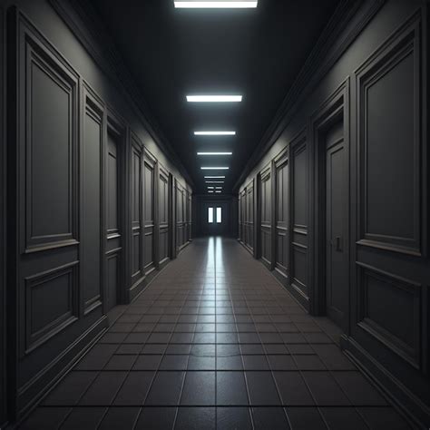 Premium Photo A Long Hallway With A Row Of Doors And A Light On The