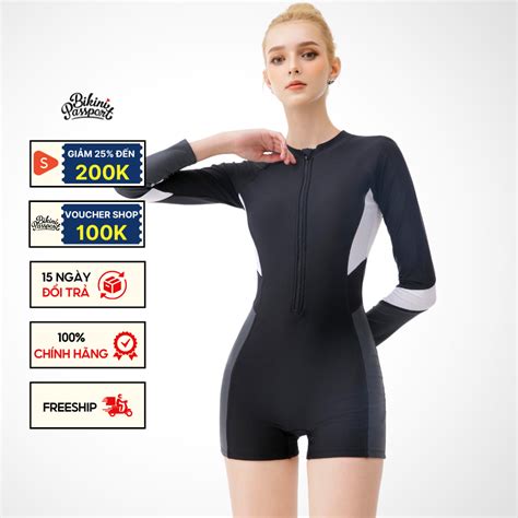 Đồ bơi Nữ BIKINI PASSPORT kiểu Một mảnh quần short áo tay dài có khoá kiểu sport màu Đen