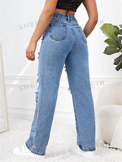 Shein Ezwear Ripped Straight Leg Jeans Shein Usa