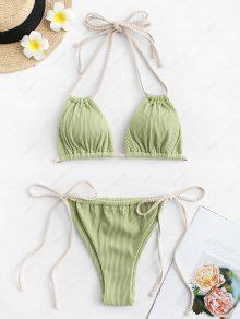 ZAFUL Ribbed Contrast Strap Loincloth Bikini Swimwear In LIGHT GREEN ZAFUL